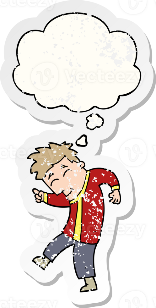 cartoon dancing man with thought bubble as a distressed worn sticker png