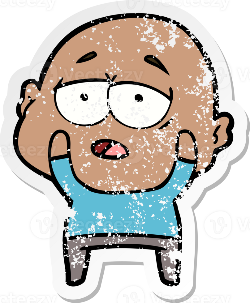 distressed sticker of a cartoon tired bald man png