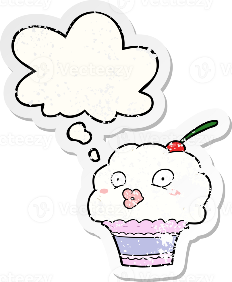 cartoon cupcake with thought bubble as a distressed worn sticker png