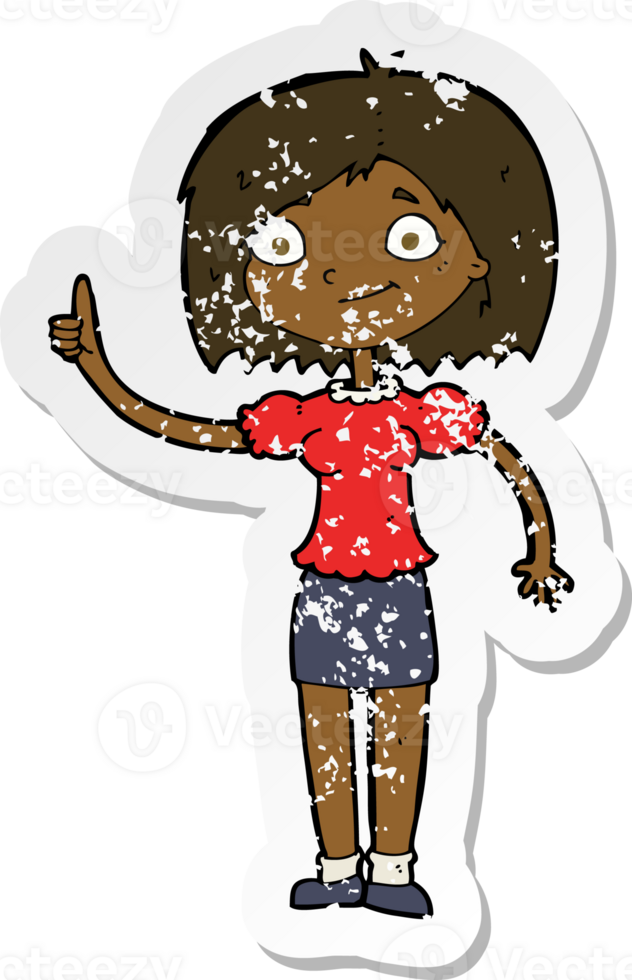 retro distressed sticker of a cartoon woman with idea png