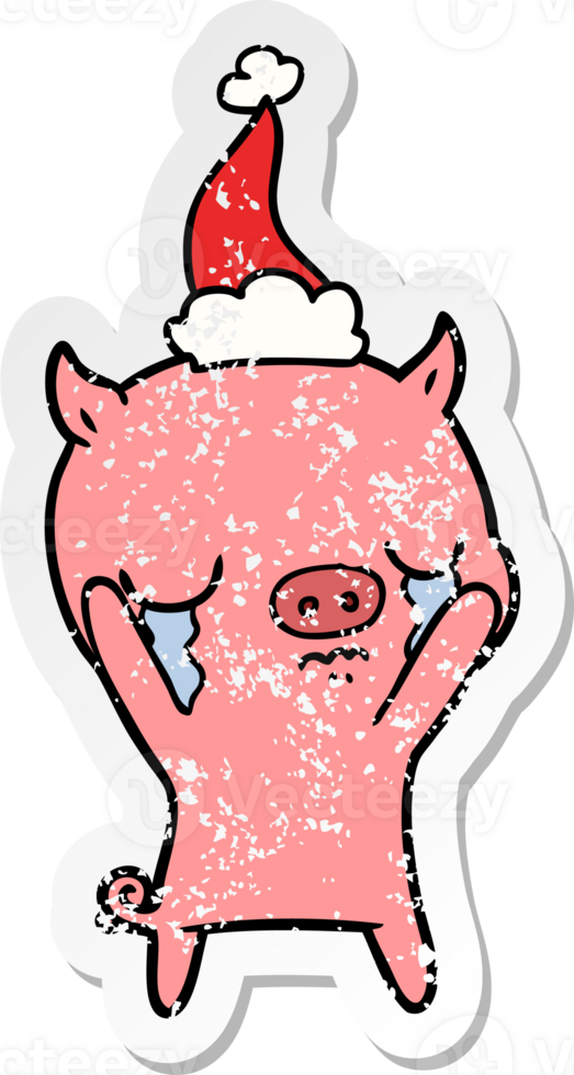 hand drawn distressed sticker cartoon of a pig crying wearing santa hat png