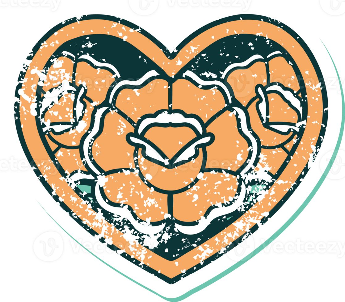 iconic distressed sticker tattoo style image of a heart and flowers png