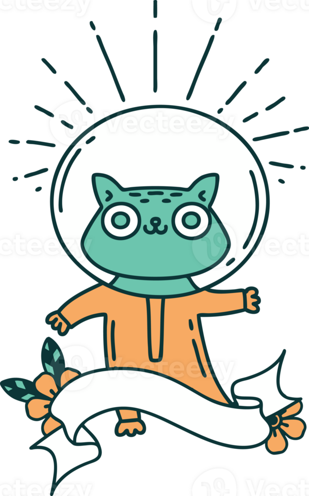 scroll banner with tattoo style cat in astronaut suit png