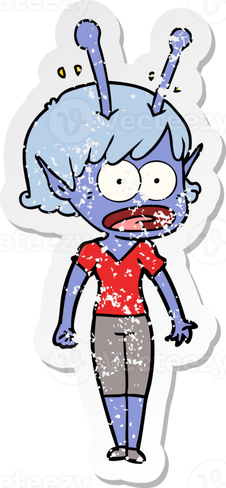 distressed sticker of a cartoon shocked alien girl png