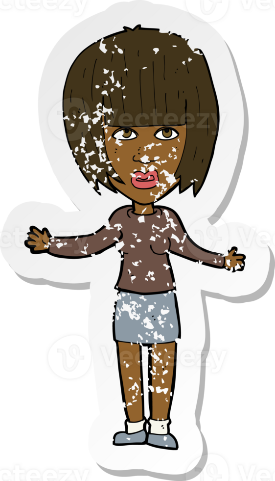 retro distressed sticker of a cartoon woman shrugging shoulders png