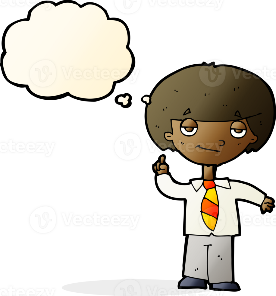 cartoon school boy answering question with thought bubble png