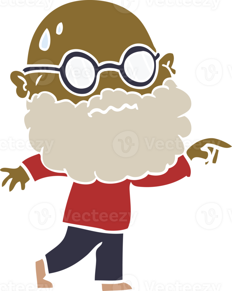 flat color style cartoon worried man with beard and spectacles pointing finger png