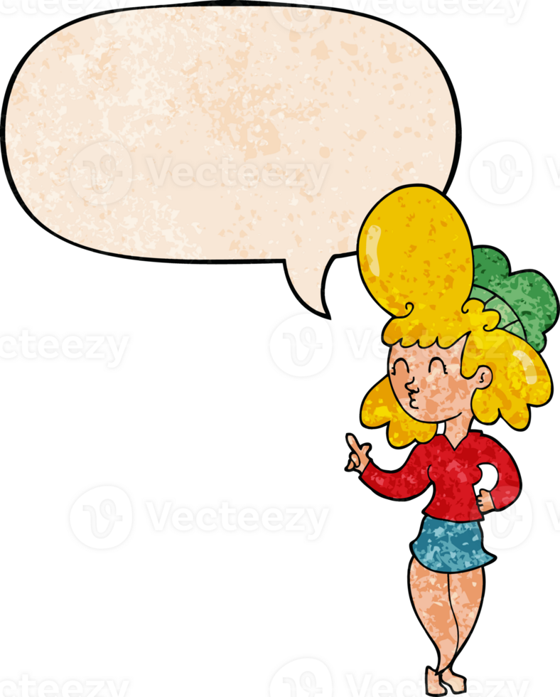 cartoon woman with big hair with speech bubble in retro texture style png