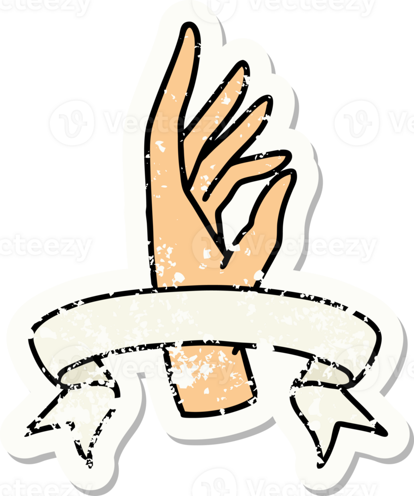 worn old sticker with banner of a hand png