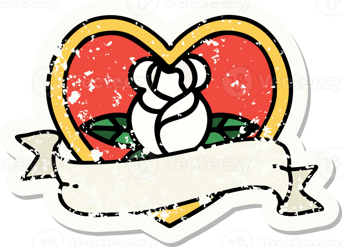 distressed sticker tattoo in traditional style of a heart rose and banner png
