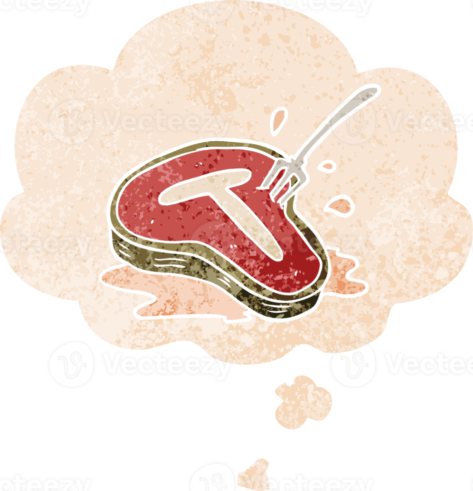 cartoon steak with thought bubble in grunge distressed retro textured style png