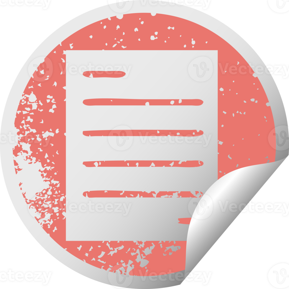 distressed circular peeling sticker symbol of a sheet of paper png