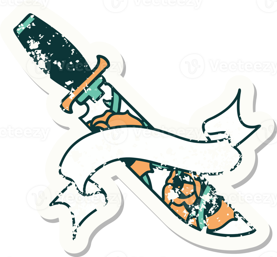 worn old sticker with banner of a dagger and flowers png