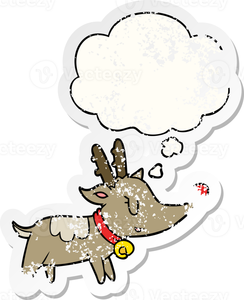 cartoon christmas reindeer with thought bubble as a distressed worn sticker png