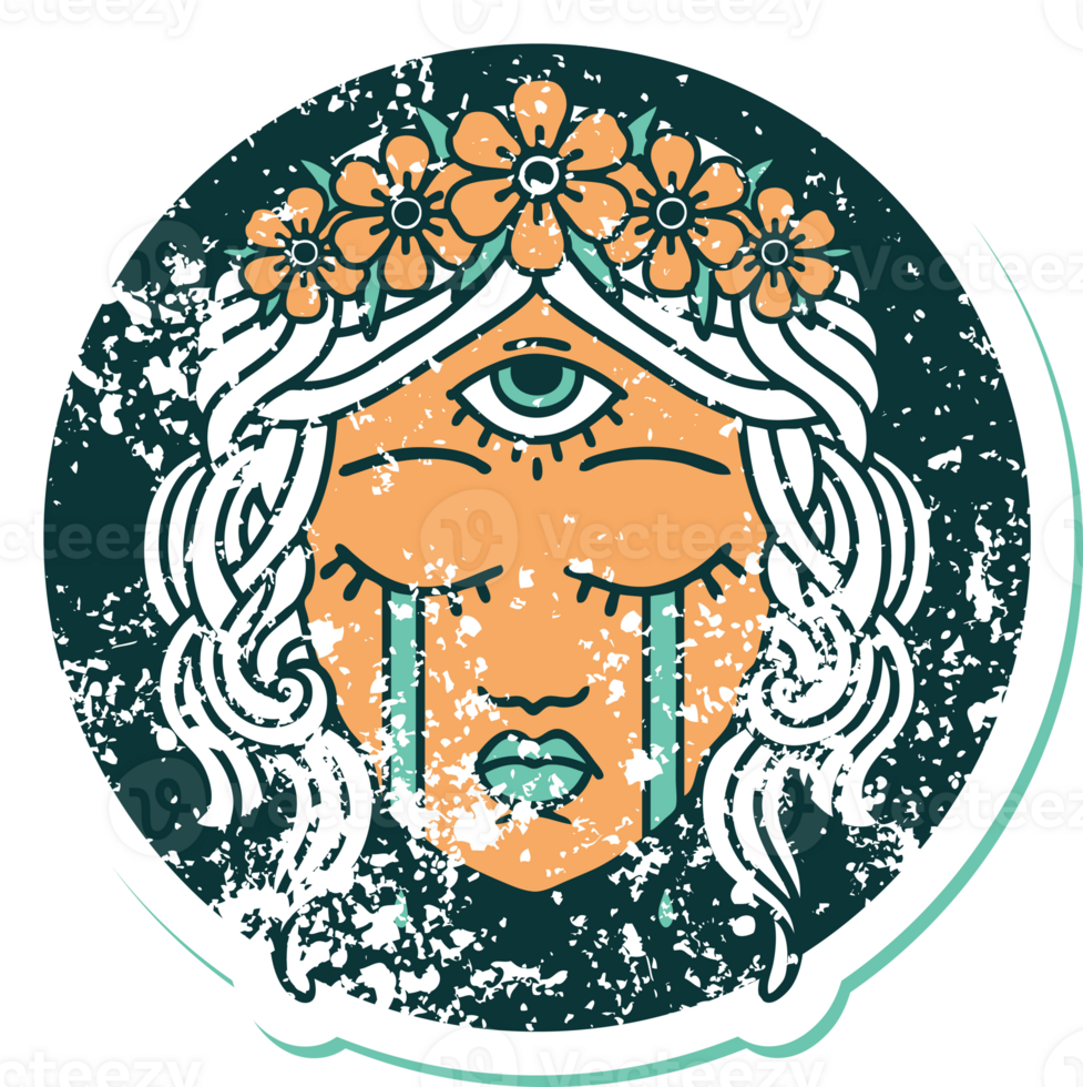 iconic distressed sticker tattoo style image of female face with mystic third eye crying png