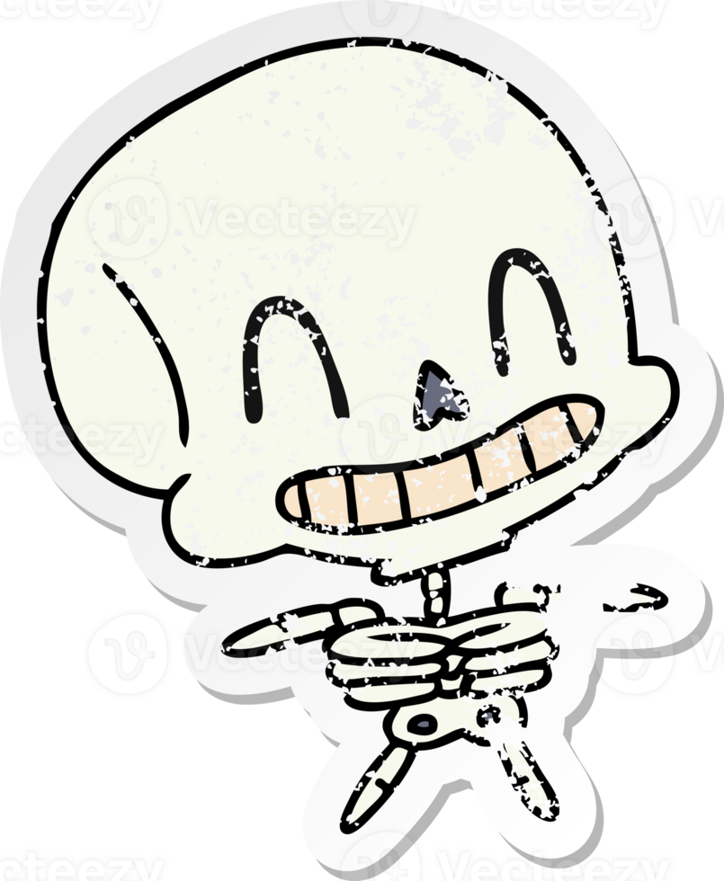 hand drawn distressed sticker cartoon of spooky kawaii skeleton png