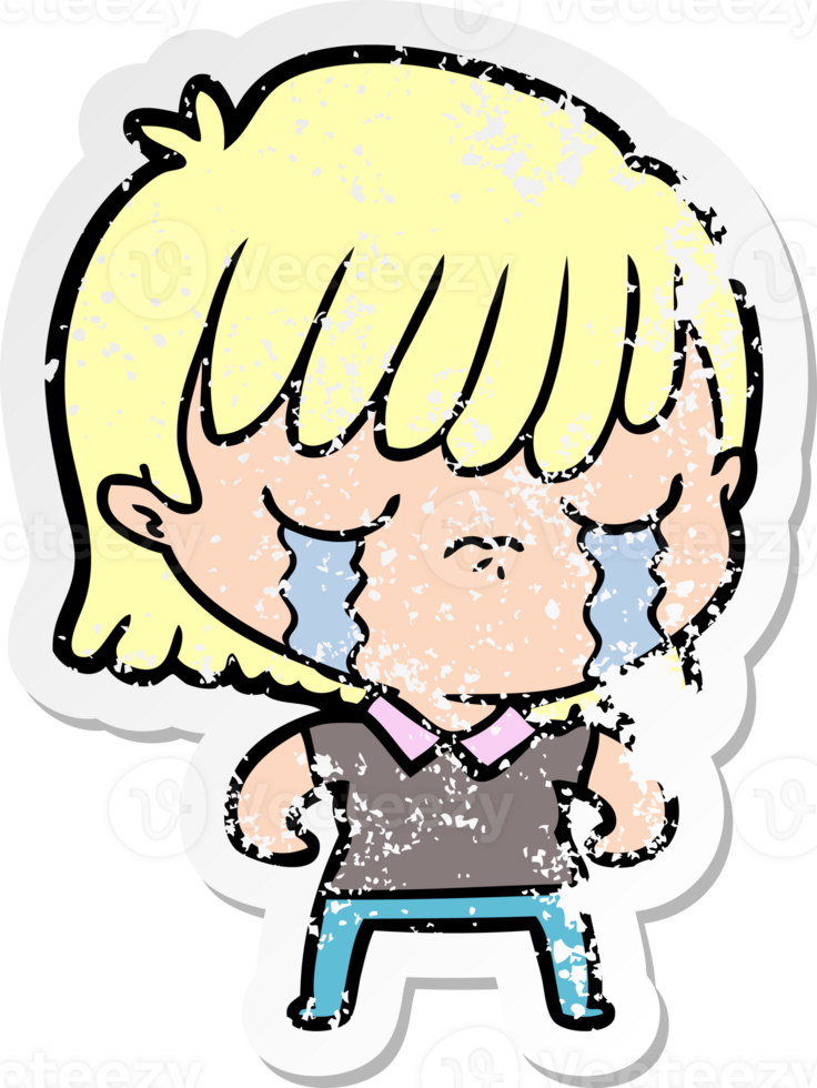 distressed sticker of a cartoon woman crying png