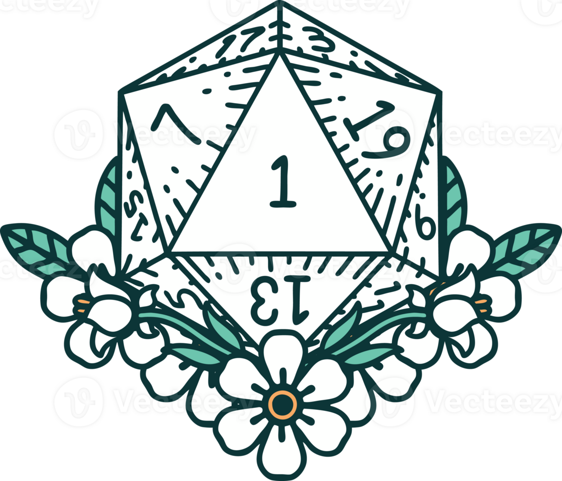 Retro Tattoo Style natural one dice roll with floral elements png