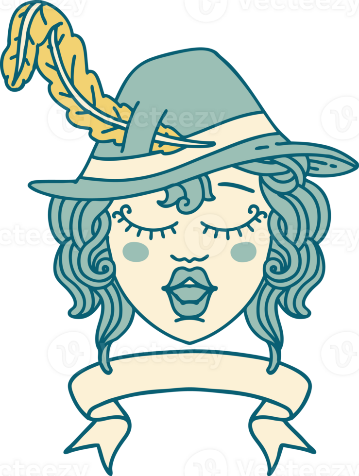 Retro Tattoo Style human singing bard character with banner png