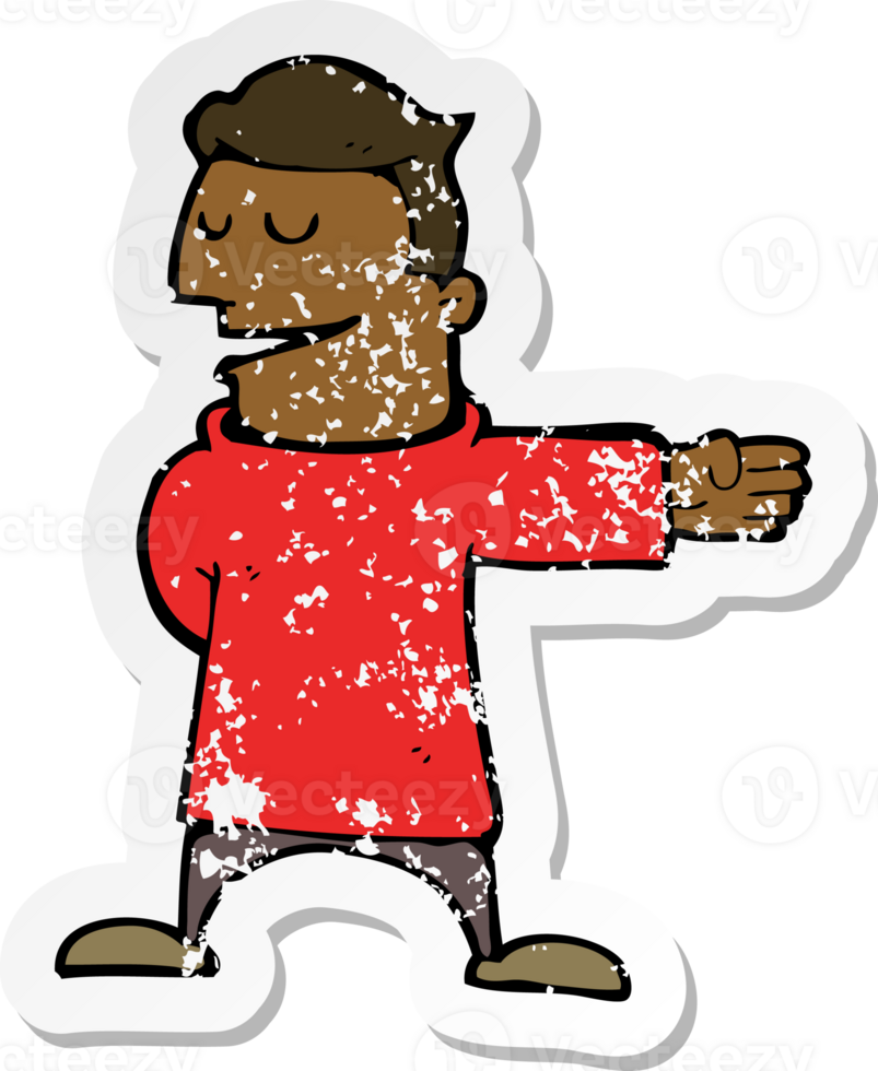 retro distressed sticker of a cartoon man gesturing direction png