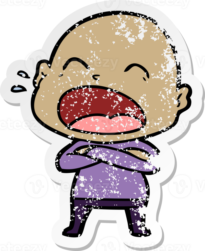 distressed sticker of a cartoon shouting bald man png