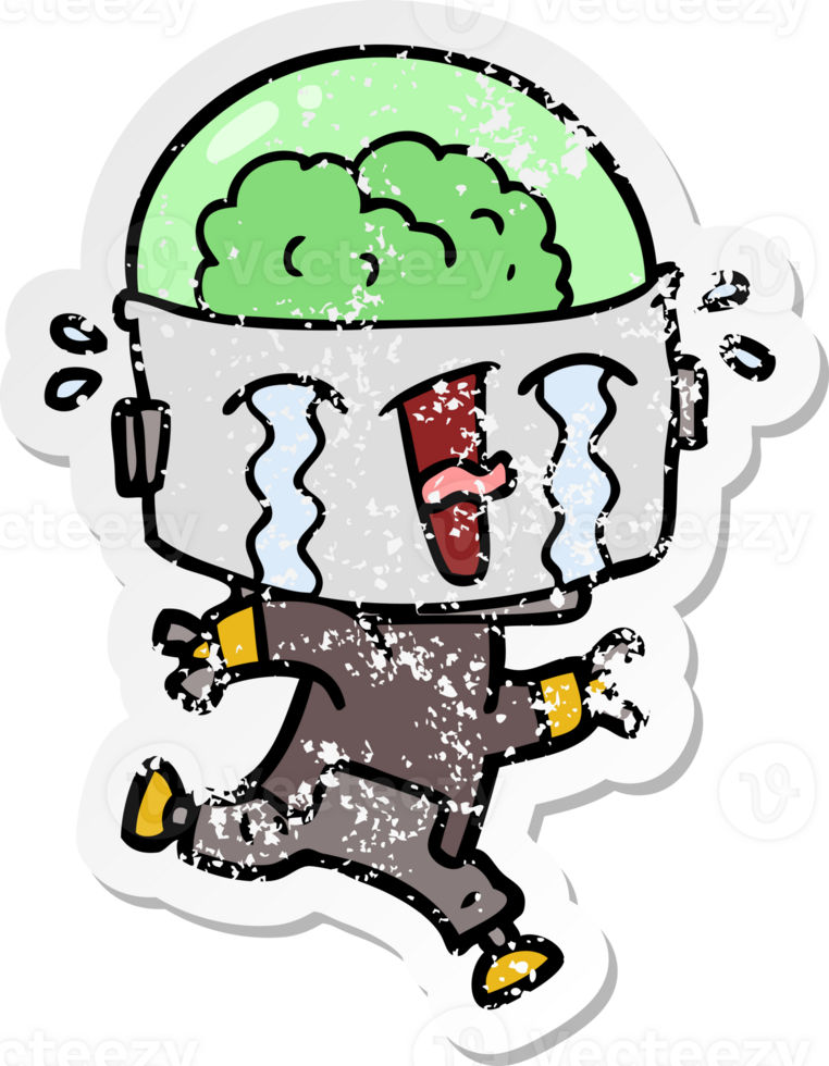 distressed sticker of a cartoon crying robot running png