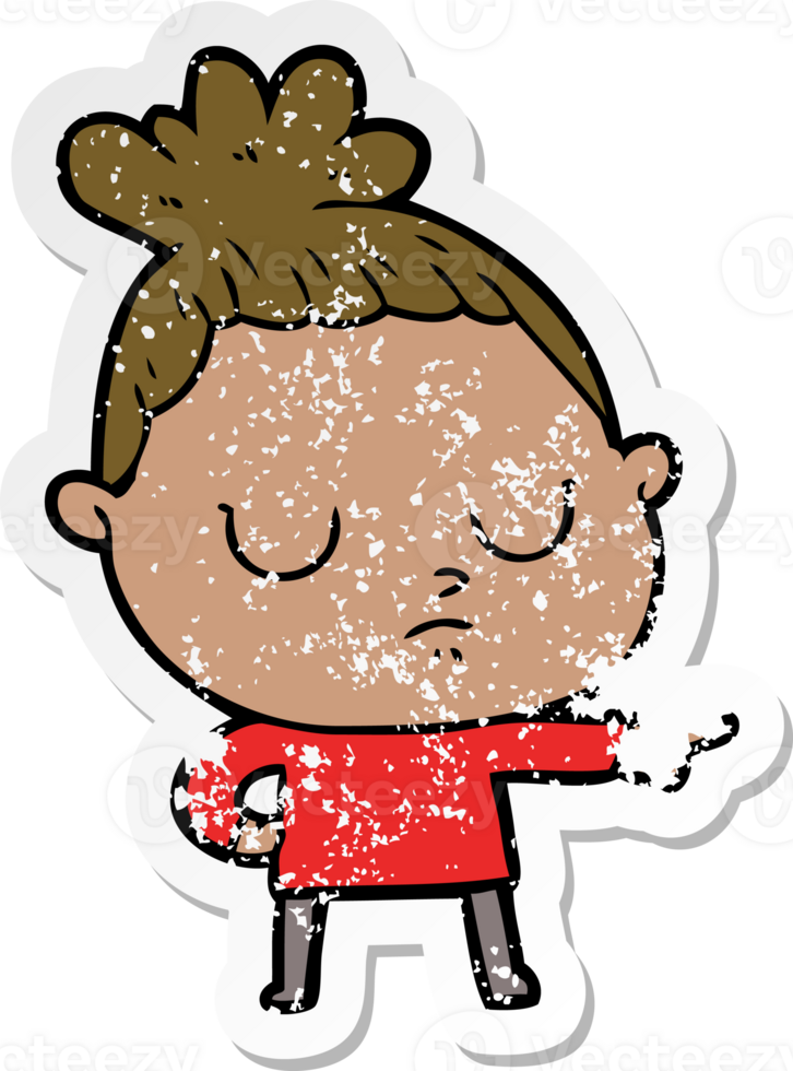 distressed sticker of a cartoon calm woman png
