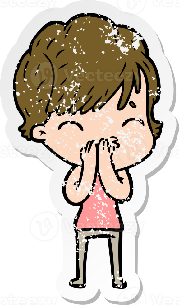 distressed sticker of a cartoon woman thinking png