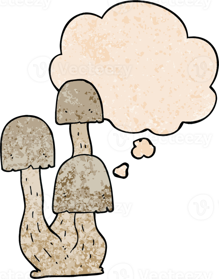 cartoon mushroom with thought bubble in grunge texture style png