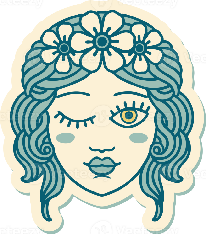 sticker of tattoo in traditional style of a maidens face winking png
