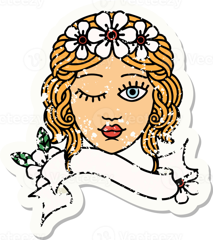 worn old sticker with banner of a maidens face winking png
