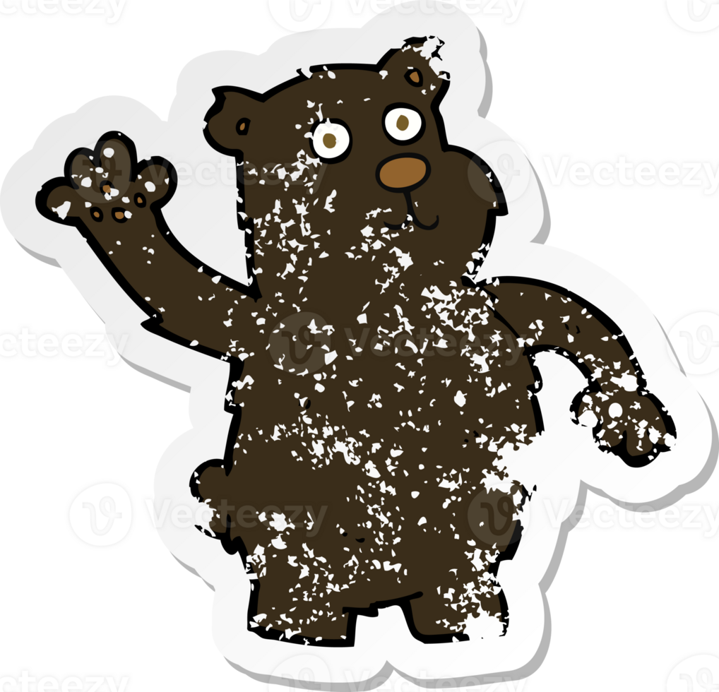 retro distressed sticker of a cartoon waving black bear png