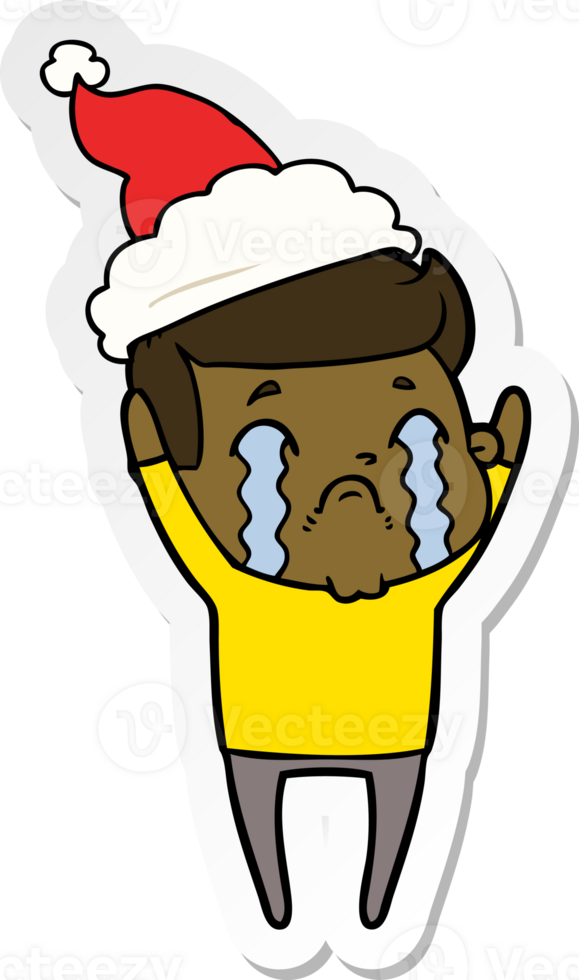 hand drawn sticker cartoon of a man crying wearing santa hat png