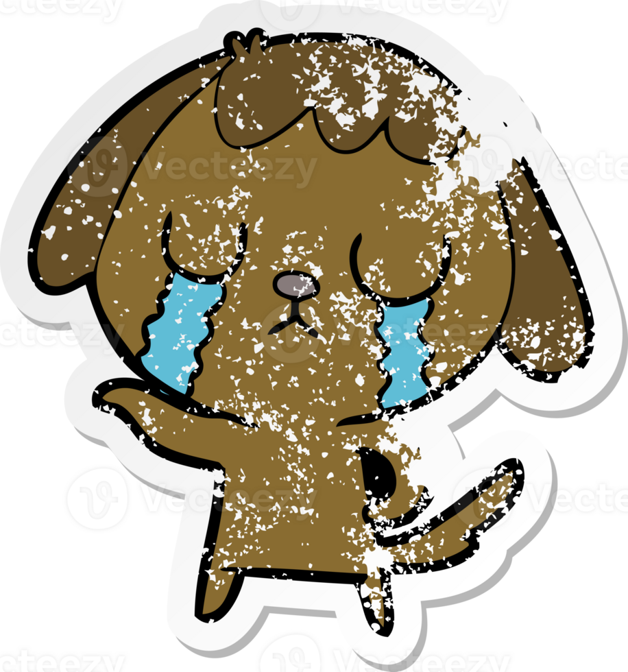 distressed sticker of a cute cartoon dog crying png