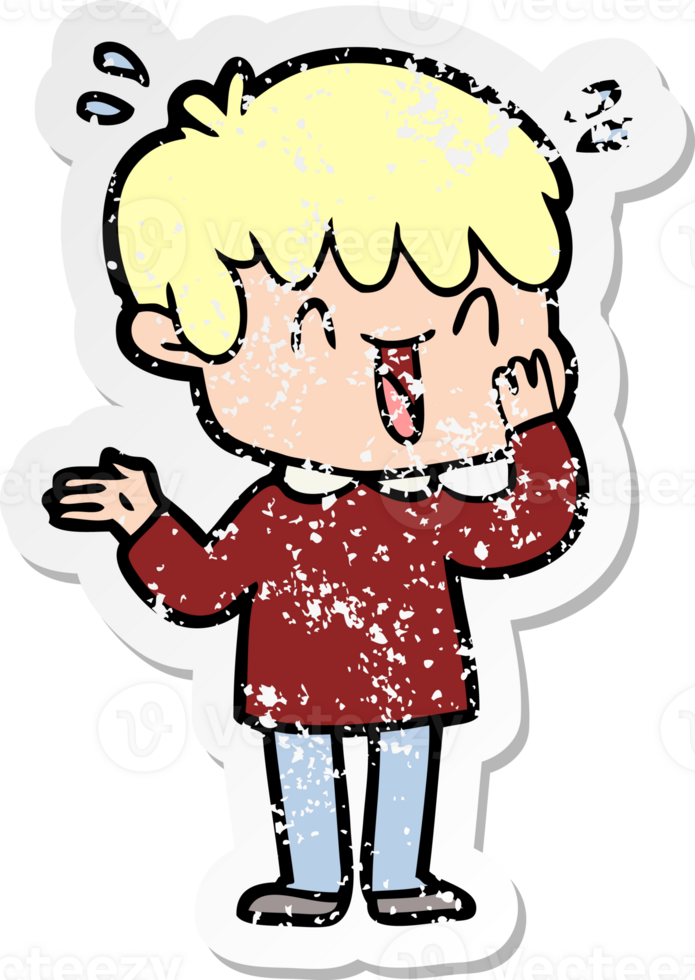 distressed sticker of a cartoon laughing boy png