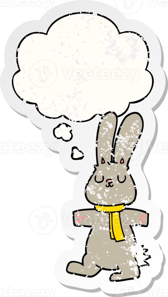 cartoon rabbit with thought bubble as a distressed worn sticker png