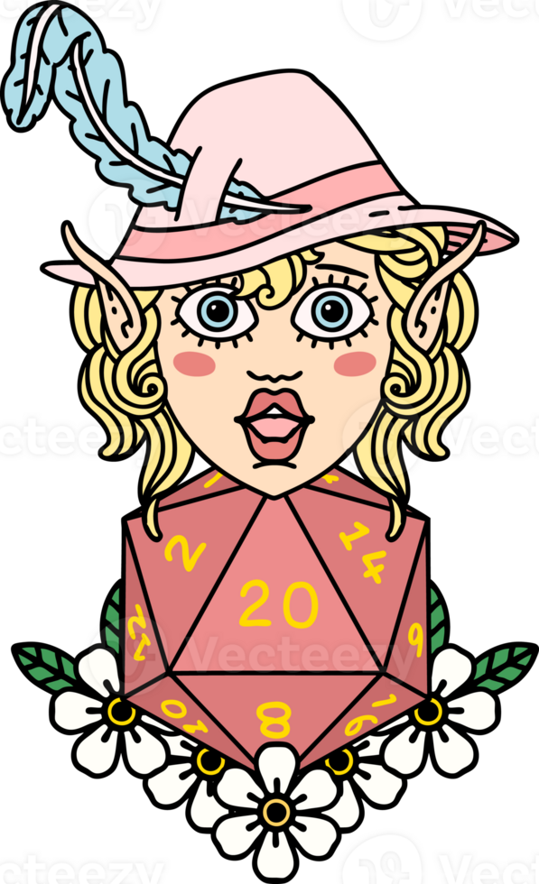 elf bard character with natural twenty dice roll illustration png