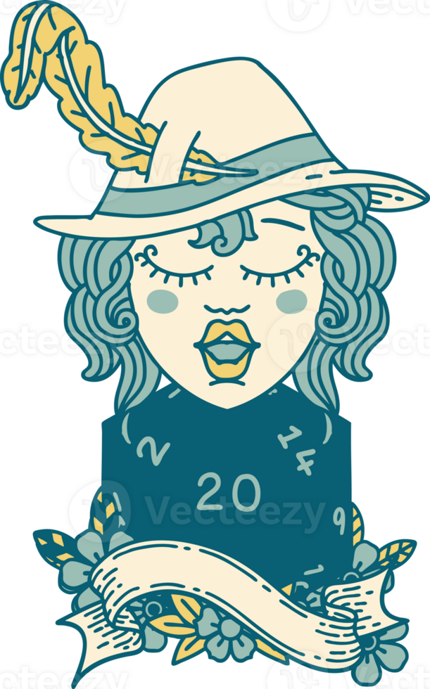 human bard with natural 20 dice roll illustration png