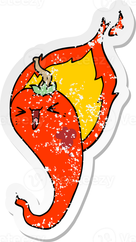 distressed sticker of a cartoon flaming hot chili pepper png