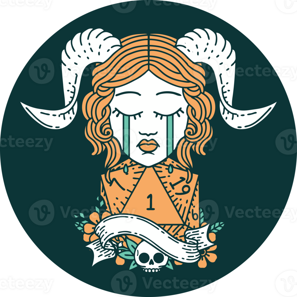 crying tiefling with natural one D20 dice roll icon png
