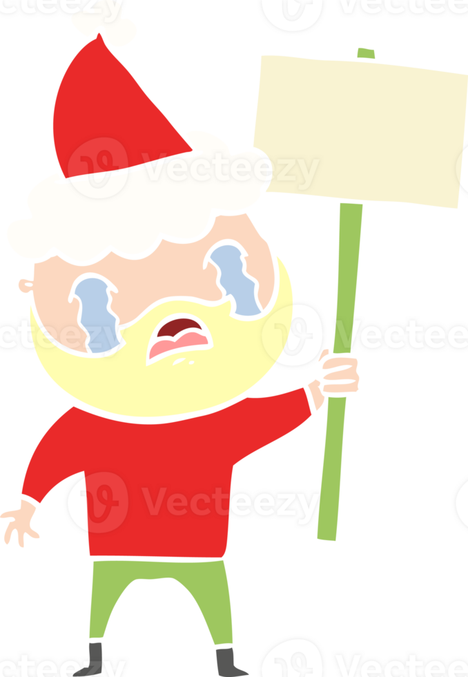 flat color illustration of a bearded protester crying wearing santa hat png