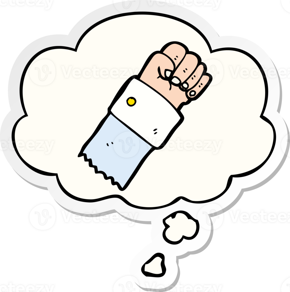 cartoon raised fist and thought bubble as a printed sticker png