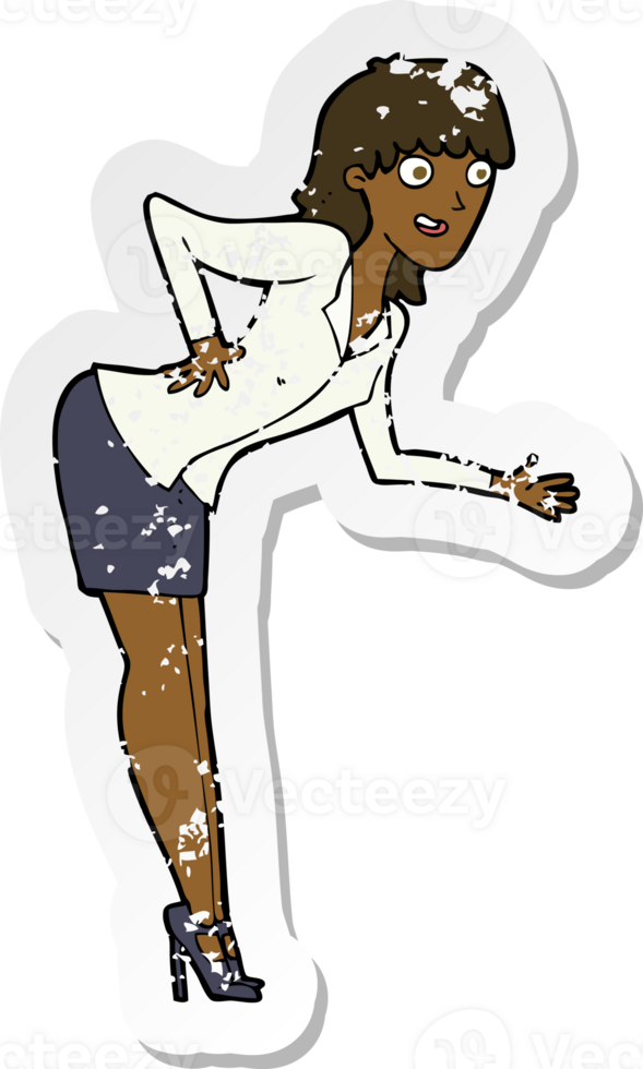 retro distressed sticker of a cartoon businesswoman explaining png