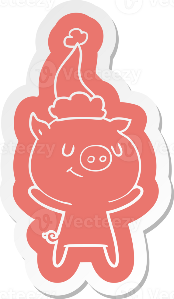 happy cartoon  sticker of a pig wearing santa hat png