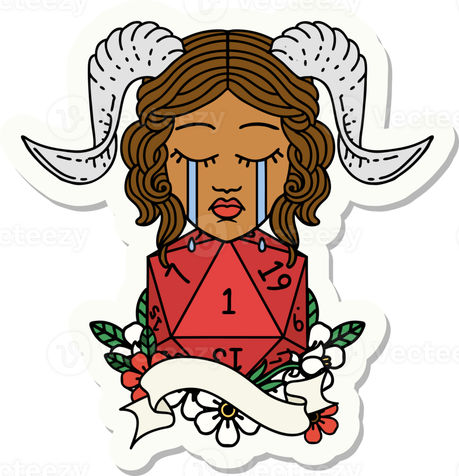 crying tiefling with natural one D20 roll sticker png