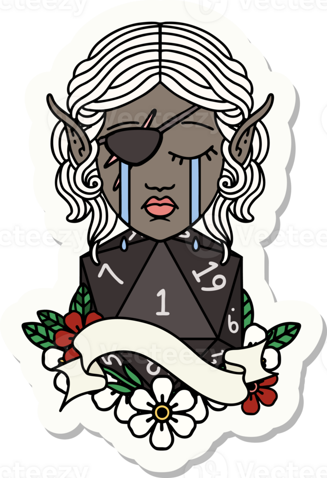 crying elf rogue character face with natural one D20 roll sticker png