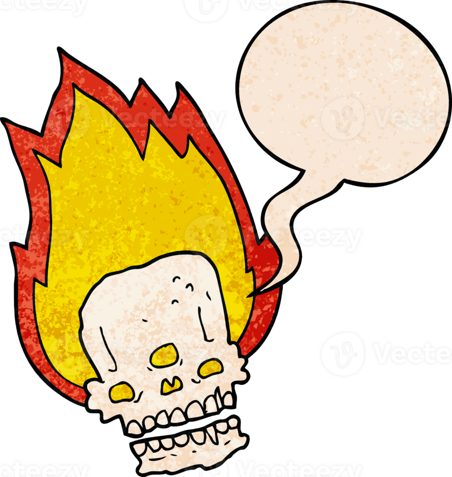 spooky cartoon flaming skull and speech bubble in retro texture style png