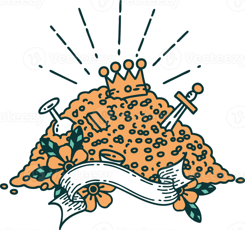 banner with tattoo style pile of gold png