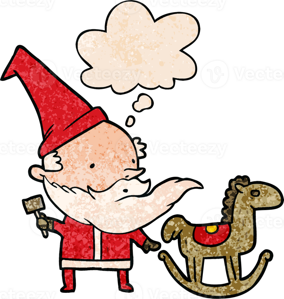 cartoon santa making toy and thought bubble in grunge texture pattern style png