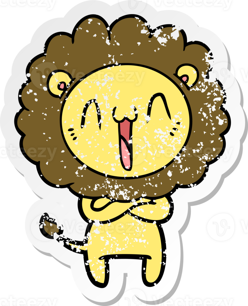 distressed sticker of a happy cartoon lion png